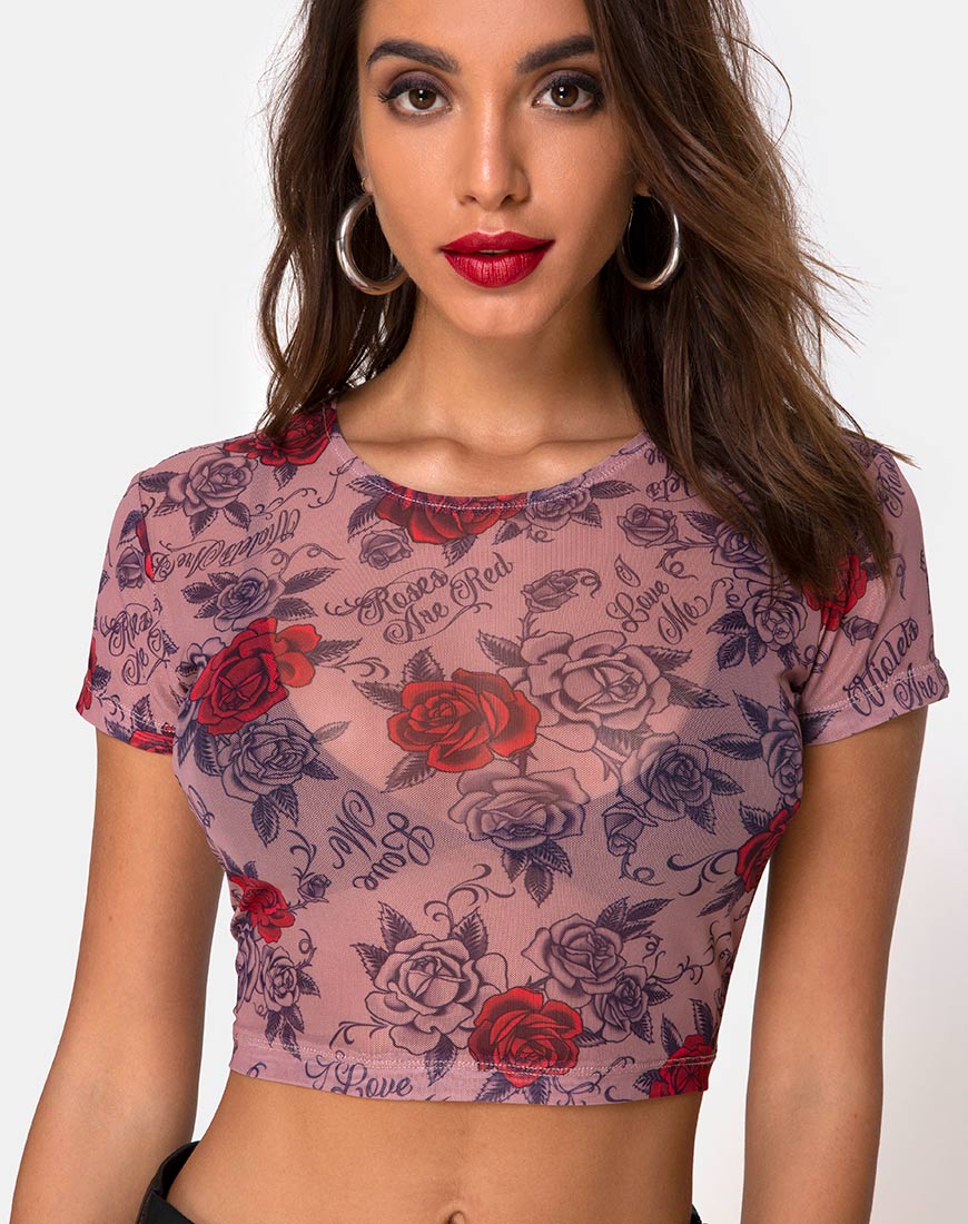 Tiney Crop Tee in Roses Are Red Mesh - Image 2