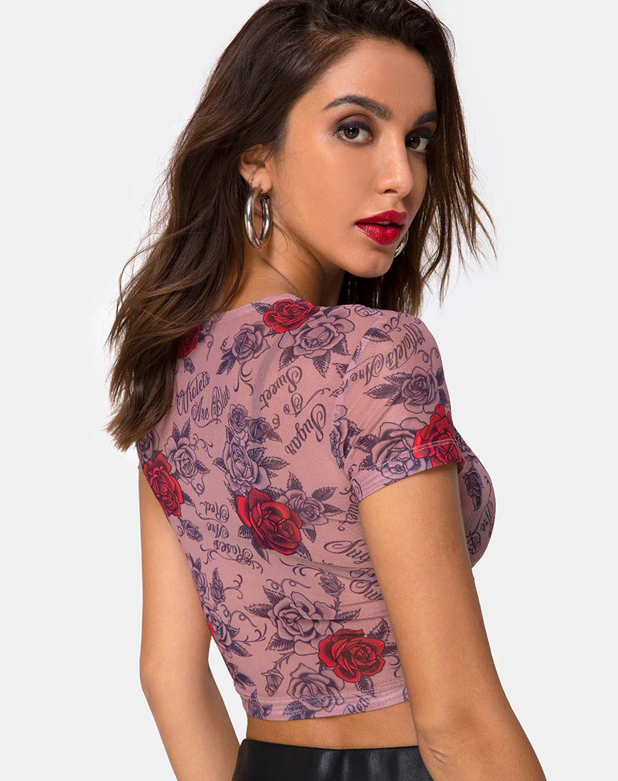 Tiney Crop Tee in Roses Are Red Mesh - Image 3