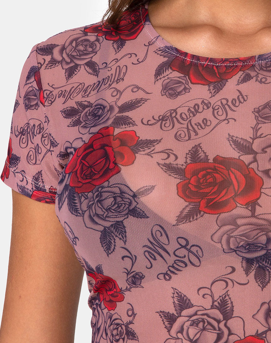 Tiney Crop Tee in Roses Are Red Mesh - Image 6