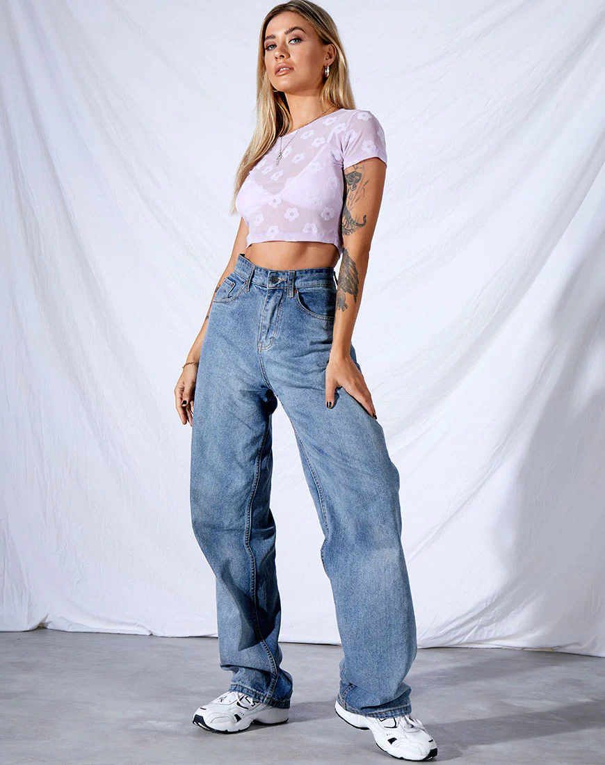 Tiney Crop Tee in Lilac Mesh Daisy White Flock - Image 3