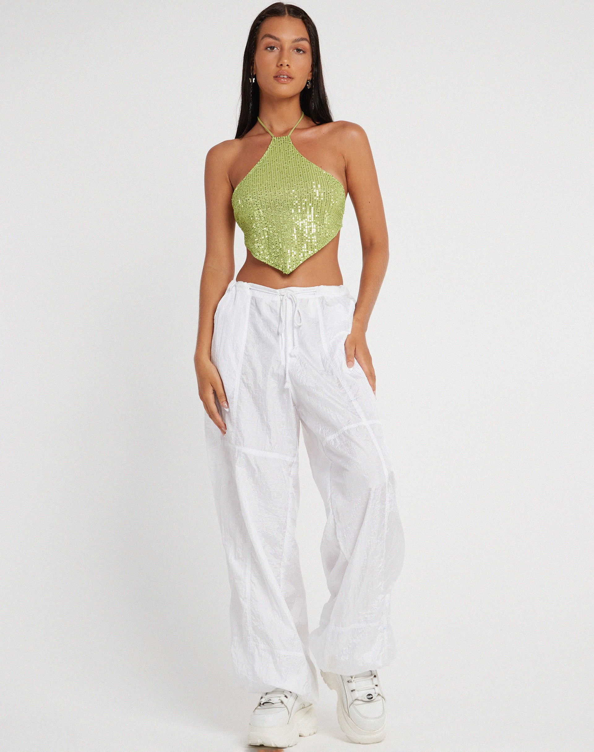 Tinimi Crop Top in Drape Sequin Lime Green - Image 4