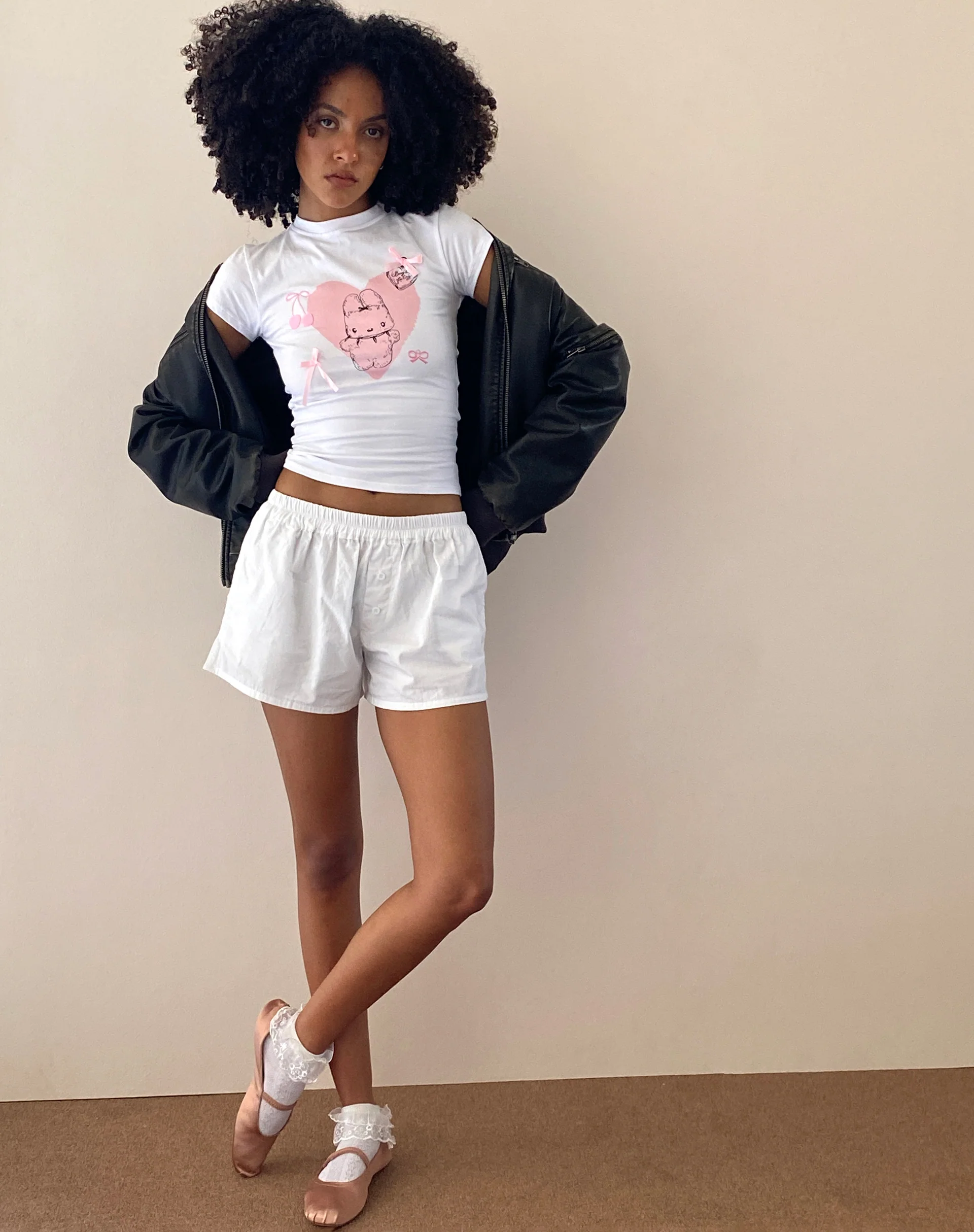 Tiona Cropped Tee in White with Love Bunny Print and Embroidery - Image 5