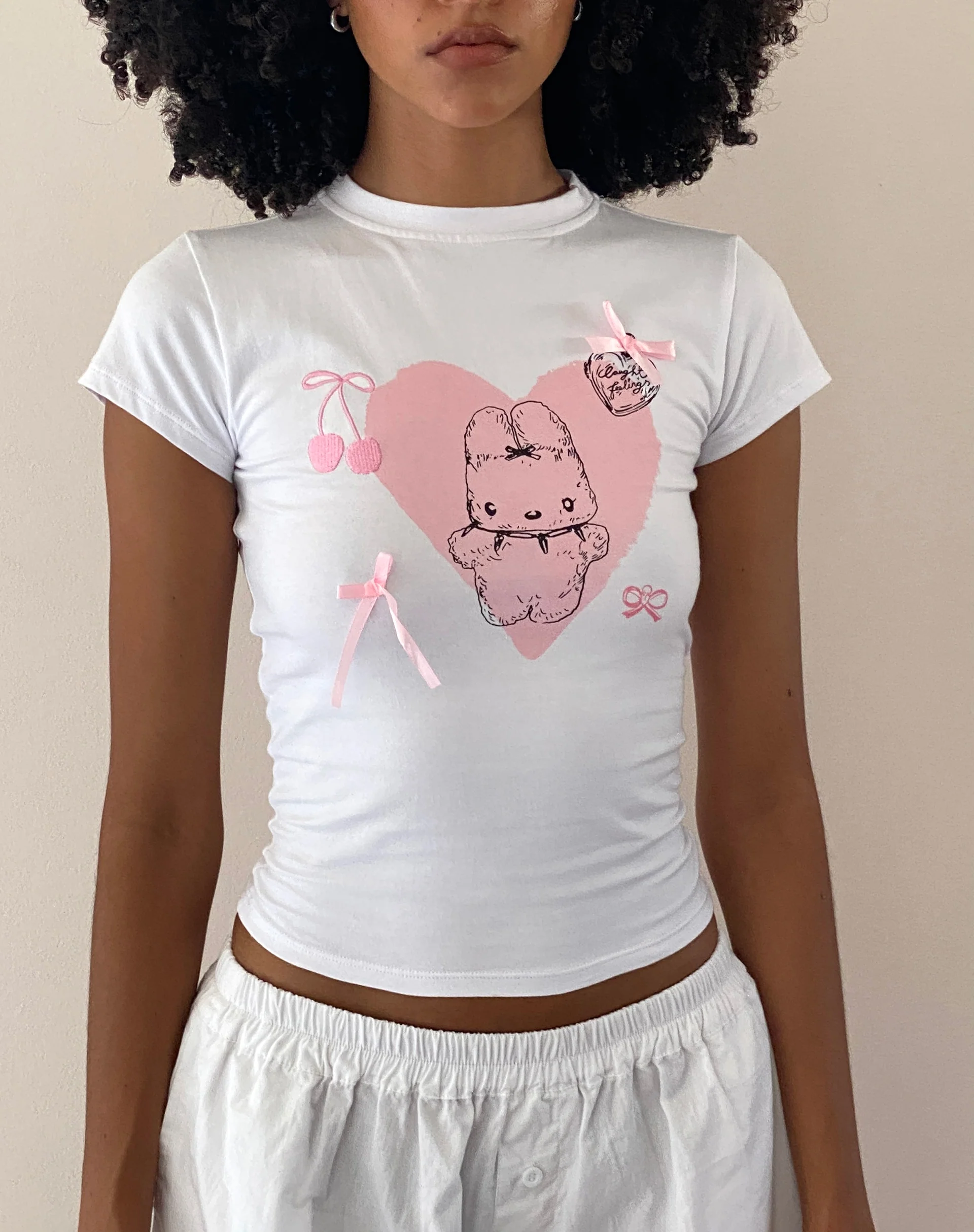 Tiona Cropped Tee in White with Love Bunny Print and Embroidery - Image 6