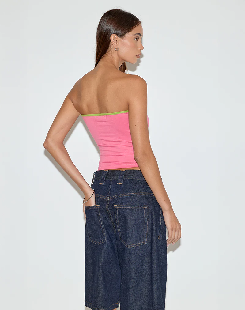 Tiria Cutout Bandeau Top in Bubble Gum with Leaf Green Binding - Image 5