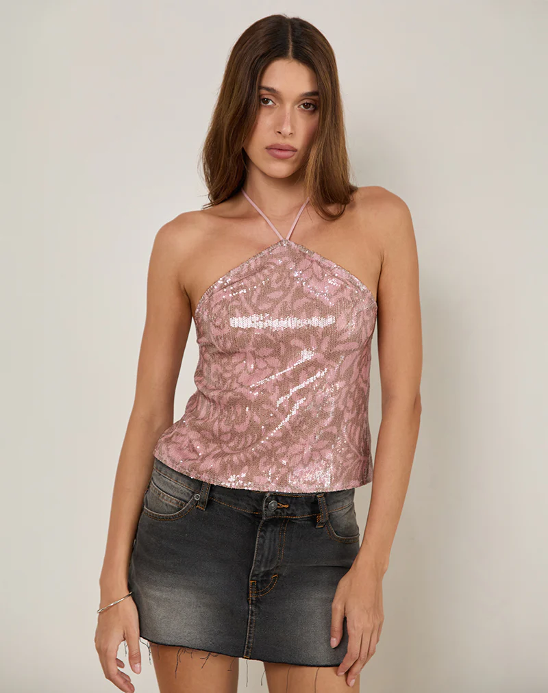Tirich Halterneck Top in Boho Batik Sequin Pink - Image 4