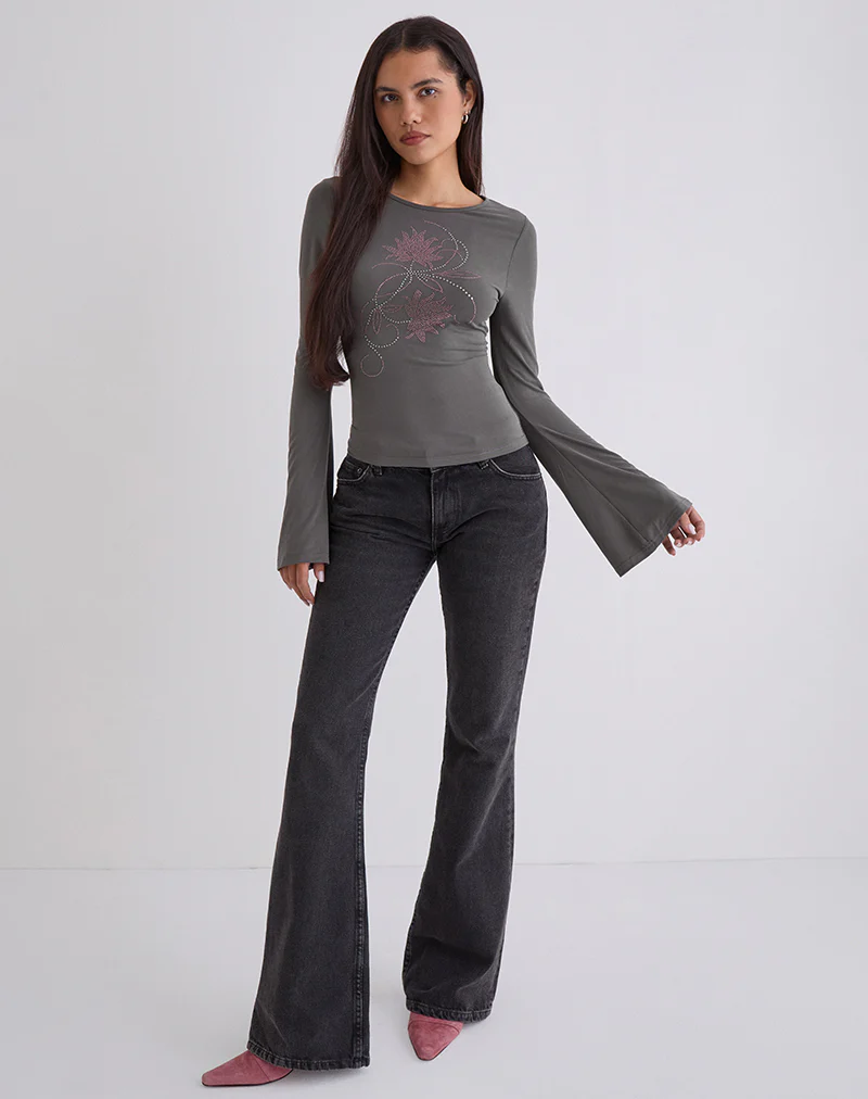 Tiyana Long Sleeve Top in Diamante Flower Dark Grey - Image 3