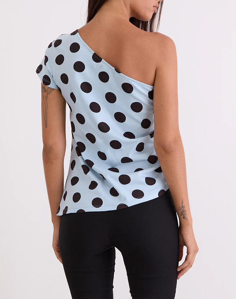 Tokiwa Asymmetric Shoulder Tee in Big Polka Blue Brown - Image 4