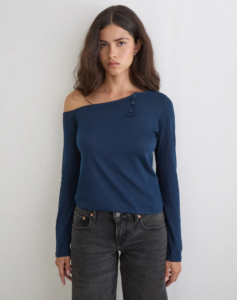 Tole Asymmetric Button Up Top in Tissue Jersey Dark Navy - Image 2