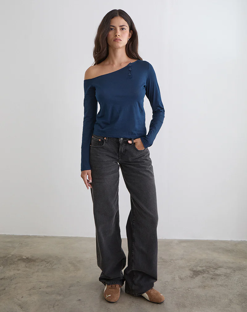 Tole Asymmetric Button Up Top in Tissue Jersey Dark Navy - Image 3