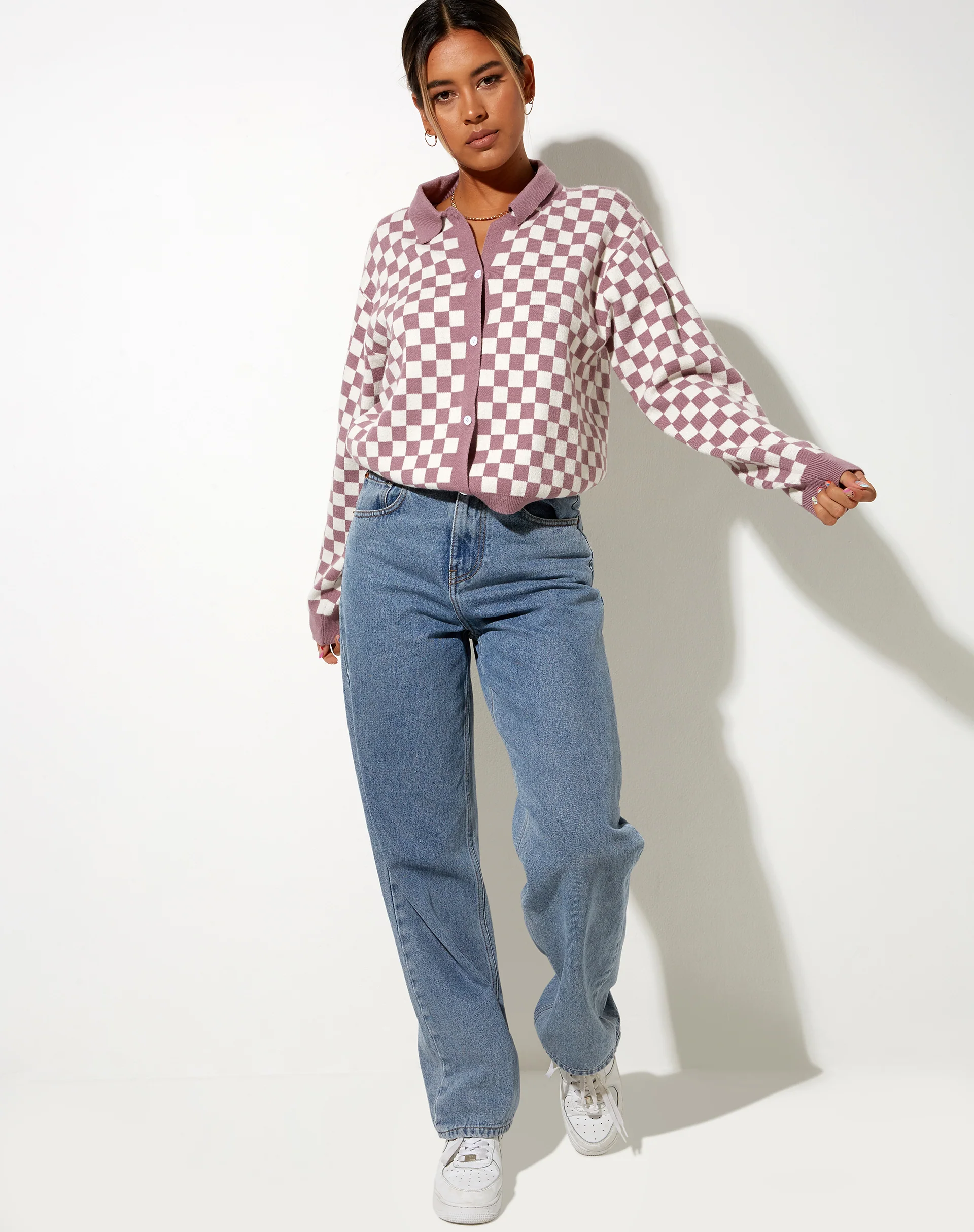 Topy Cardi in Check Lilac Cream - Image 3