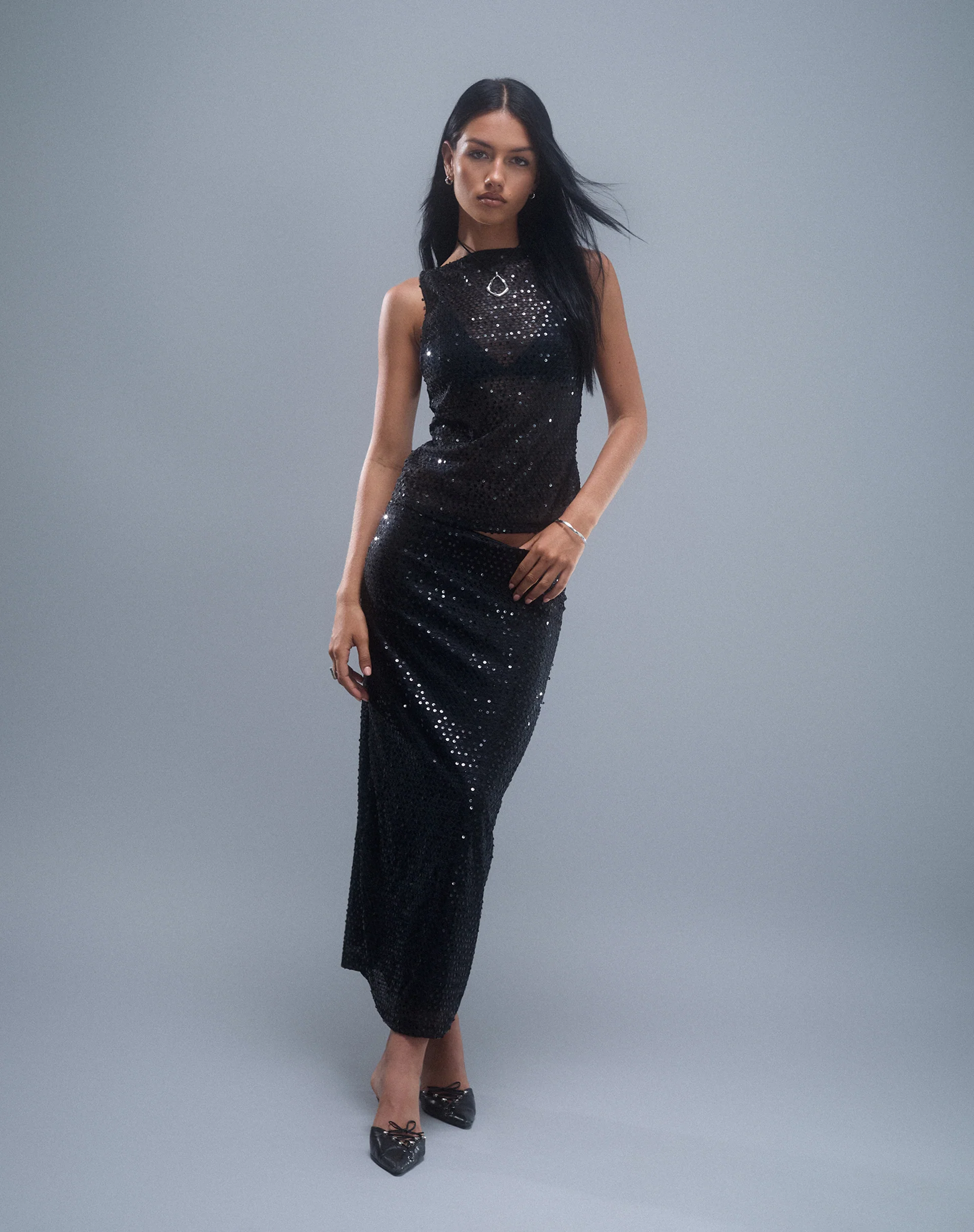 Tresha Maxi Skirt in Sequin Knit Black - Image 3