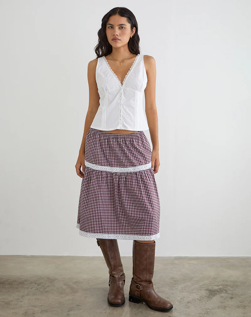 Trixie Midi Skirt in Mini Gingham Wine - Image 2