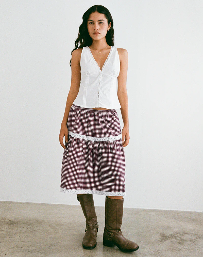 Trixie Midi Skirt in Mini Gingham Wine - Image 3