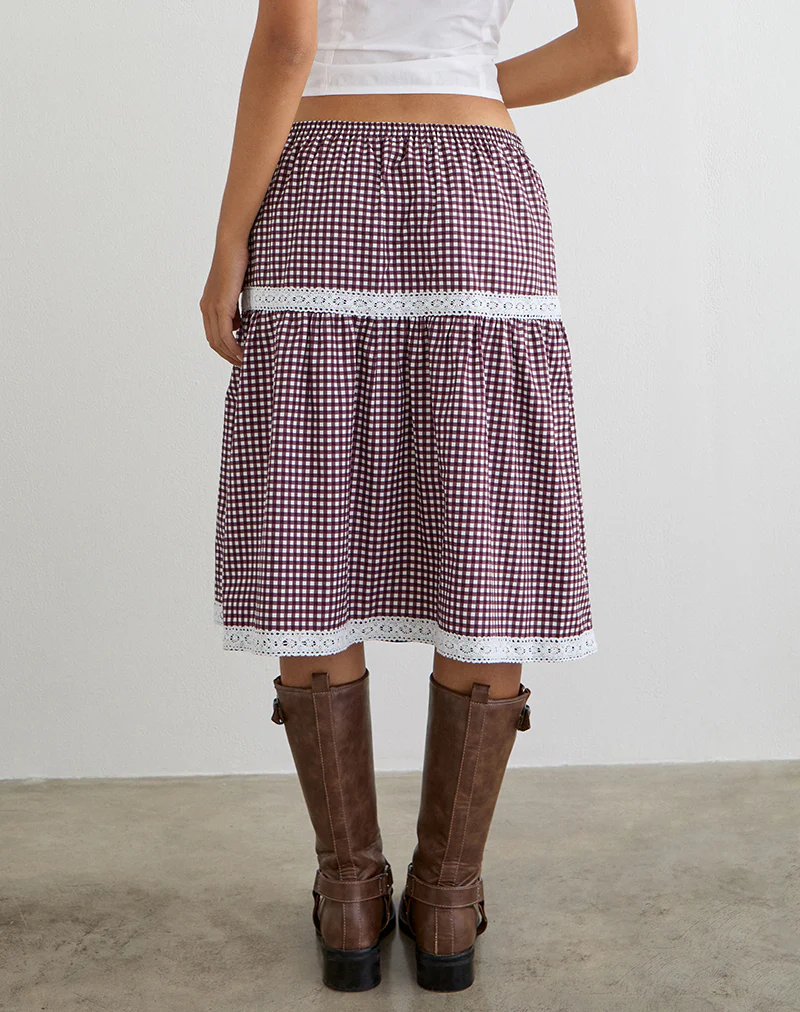 Trixie Midi Skirt in Mini Gingham Wine - Image 4