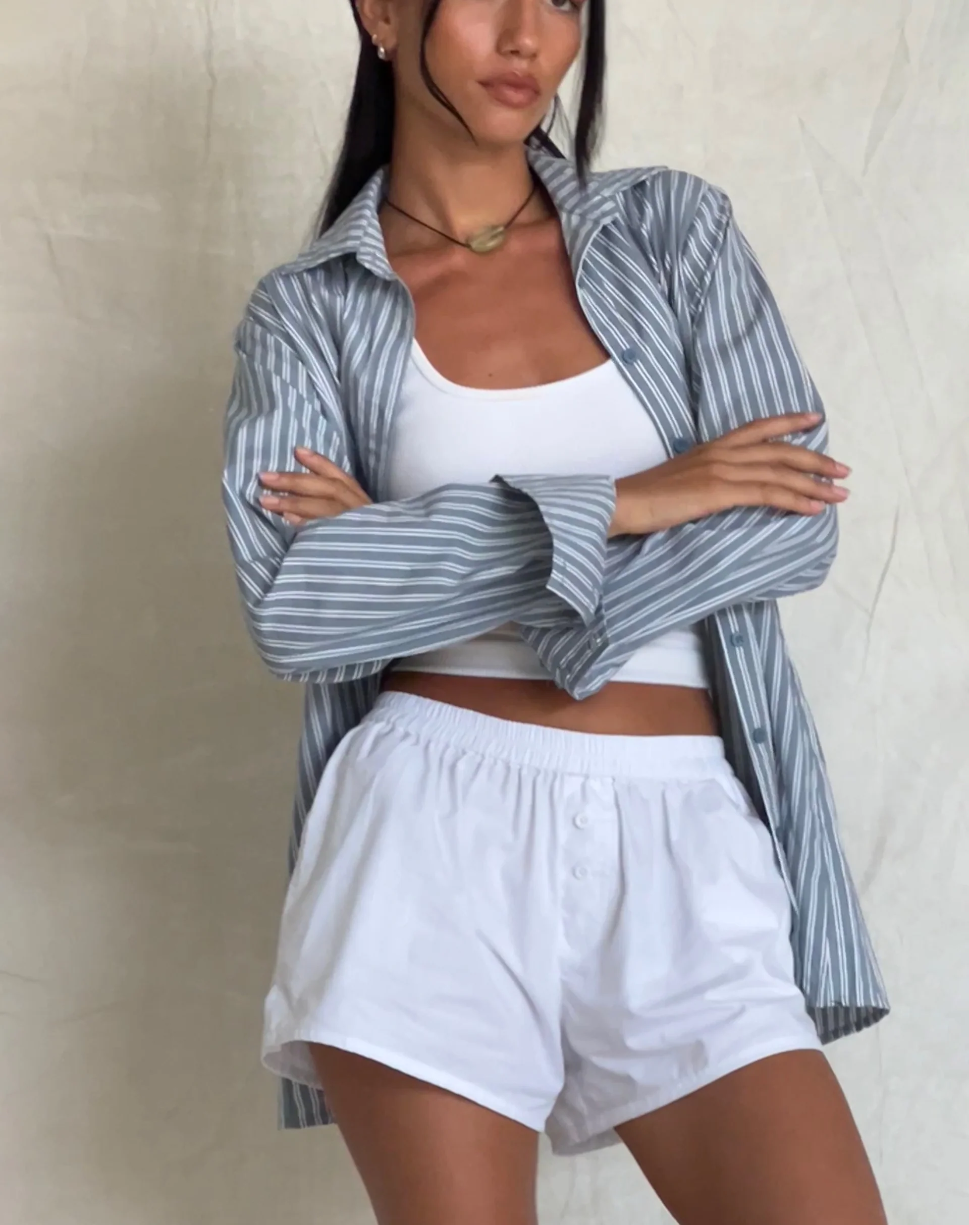 MOTEL X JACQUIE Turner Shirt in Grey and White Stripe with M Embroidery - Image 5