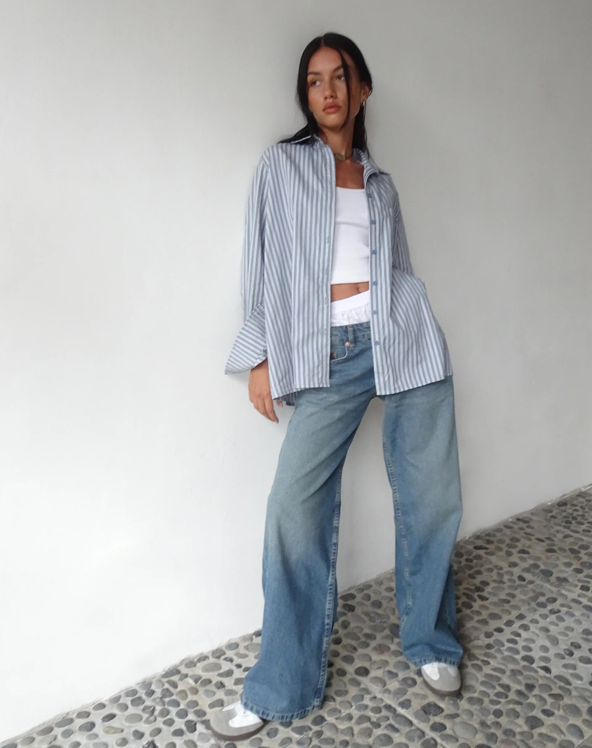 MOTEL X JACQUIE Turner Shirt in Grey and White Stripe with M Embroidery - Image 6