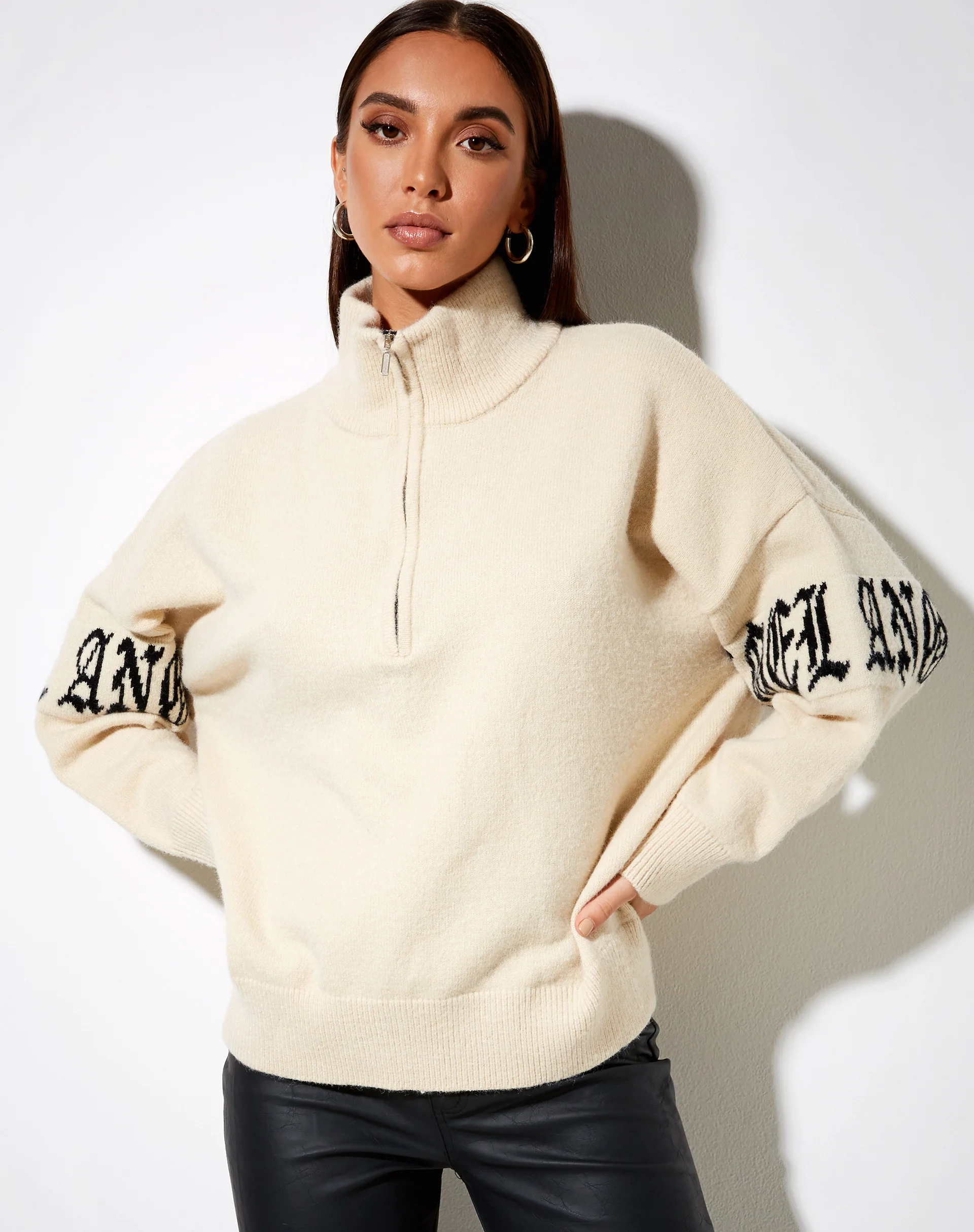 Tusca Sweatshirt in Stone with Angel on Sleeve - Image 2