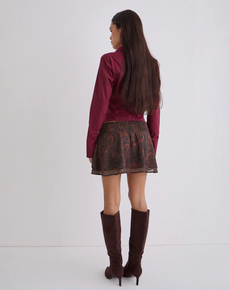 Tylan Mini Skirt in Chiffon Royal Paisley Burgundy - Image 4