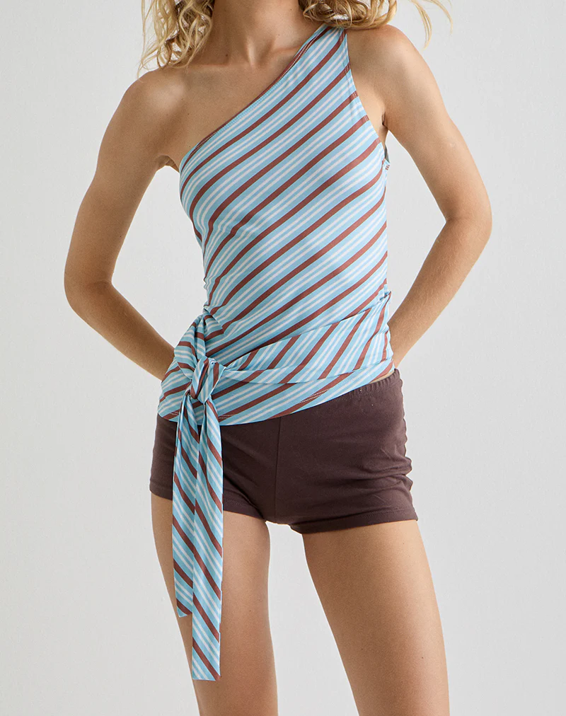 Uberta Asymmetric Tie Top in Diagonal Stripe Light Blue - Image 2
