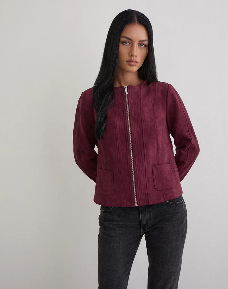 Ukiyo Jacket in Faux Suede Burgundy - Image 3
