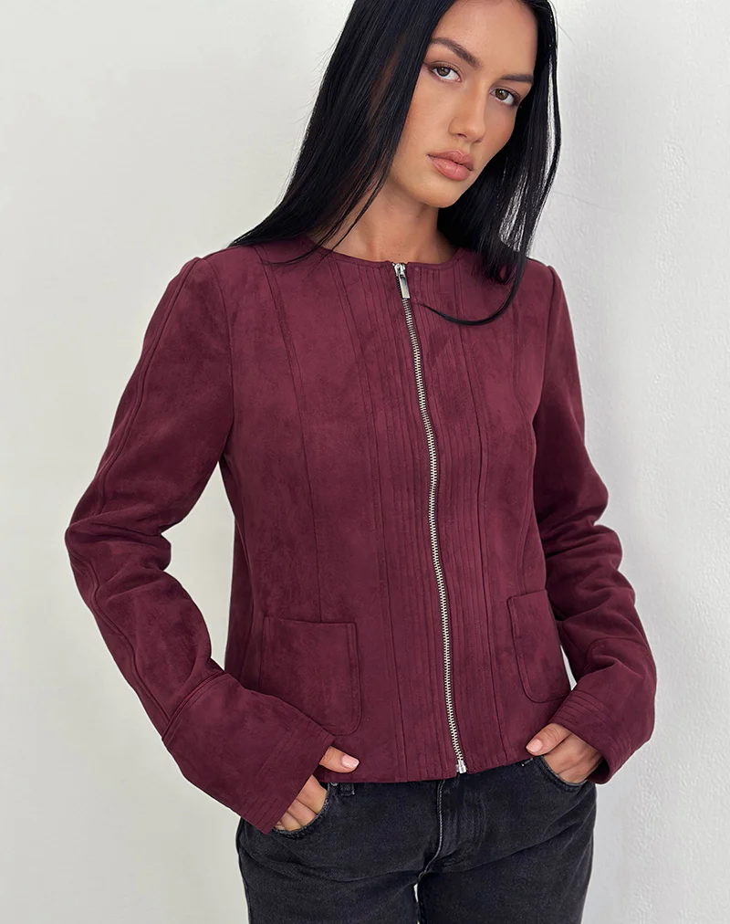 Ukiyo Jacket in Faux Suede Burgundy - Image 4