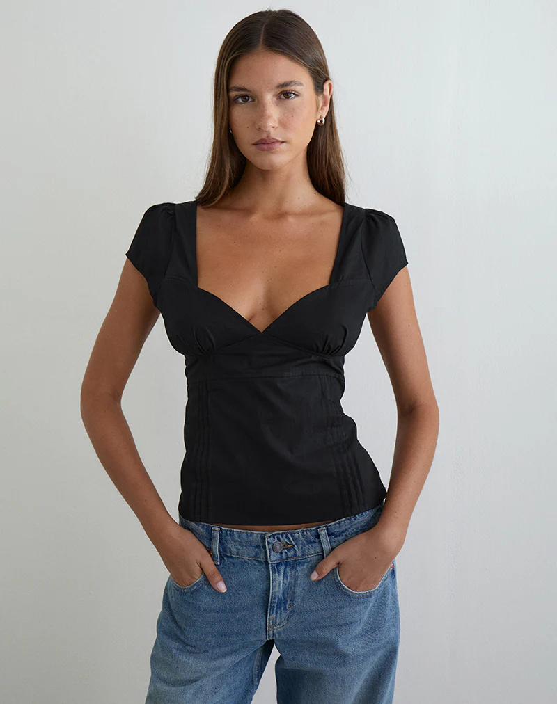 Uliva Cap Sleeve Corset Top in Poplin Black - Image 2