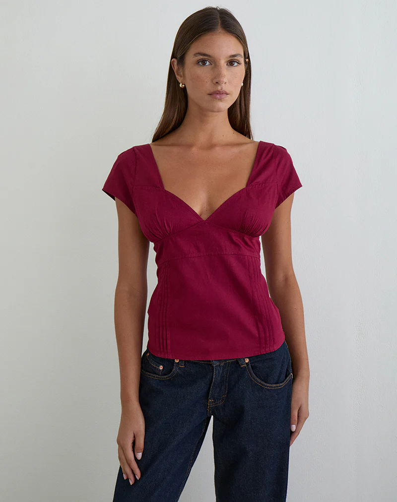 Uliva Cap Sleeve Corset Top in Poplin Burgundy - Image 2