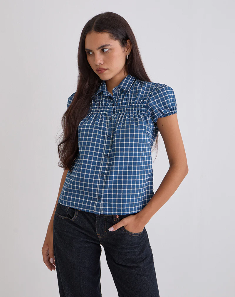 Ulsan Fitted Shirt in Navy Tartan Poplin - Image 2