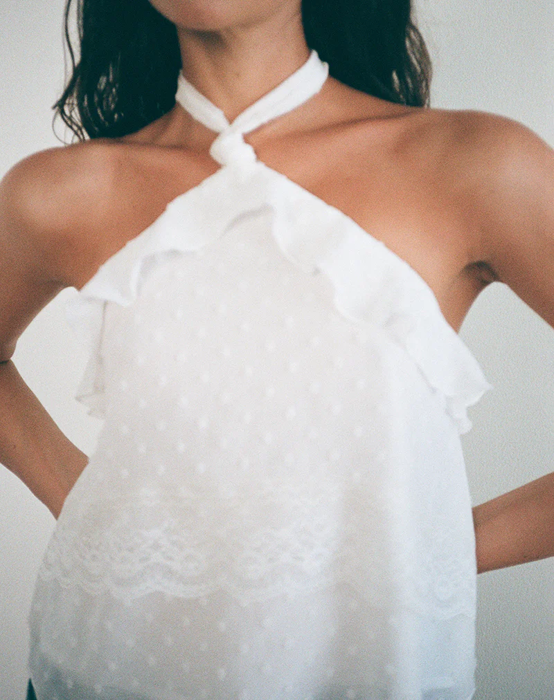 Uran Halterneck Top in Dobby Chiffon Lace White - Image 5