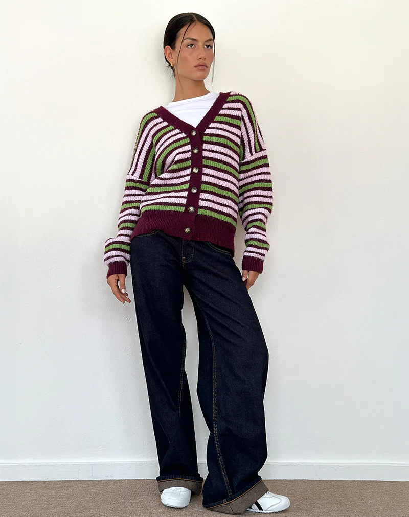 Uriela Cardigan in Green Pink and Burgundy Stripes - Image 4