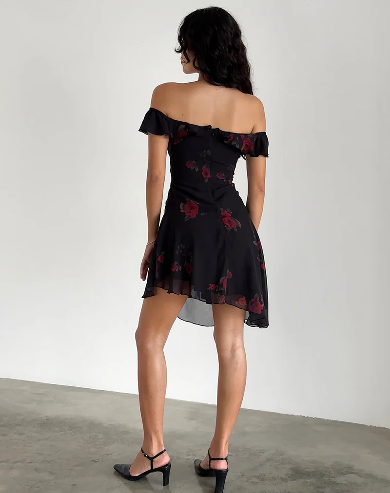 Ursula Bardot Mini Dress in Black Vintage Rose - Image 4