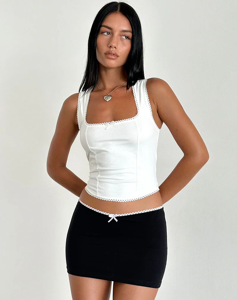 Vadia Mini Skirt in Black with White Picot Trim and Bow - Image 2