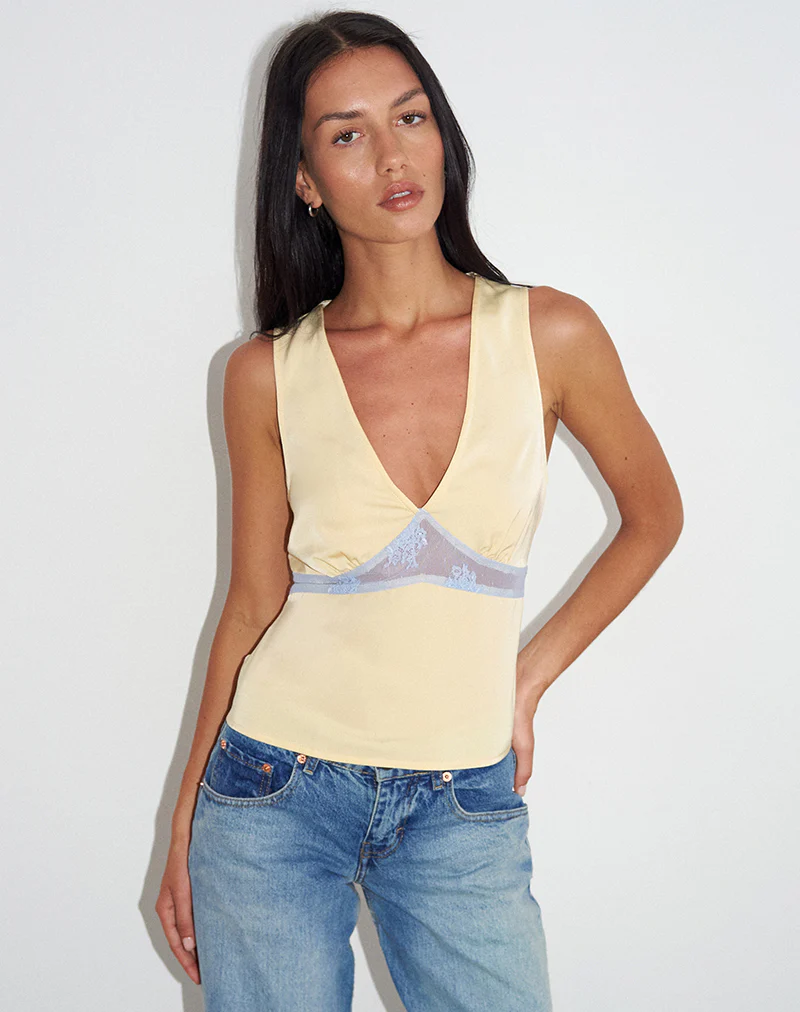Valeska Lace Insert Top in Satin Lemon - Image 2