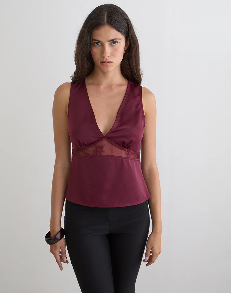Valeska Lace Insert Top in Satin Zinfandel - Image 4