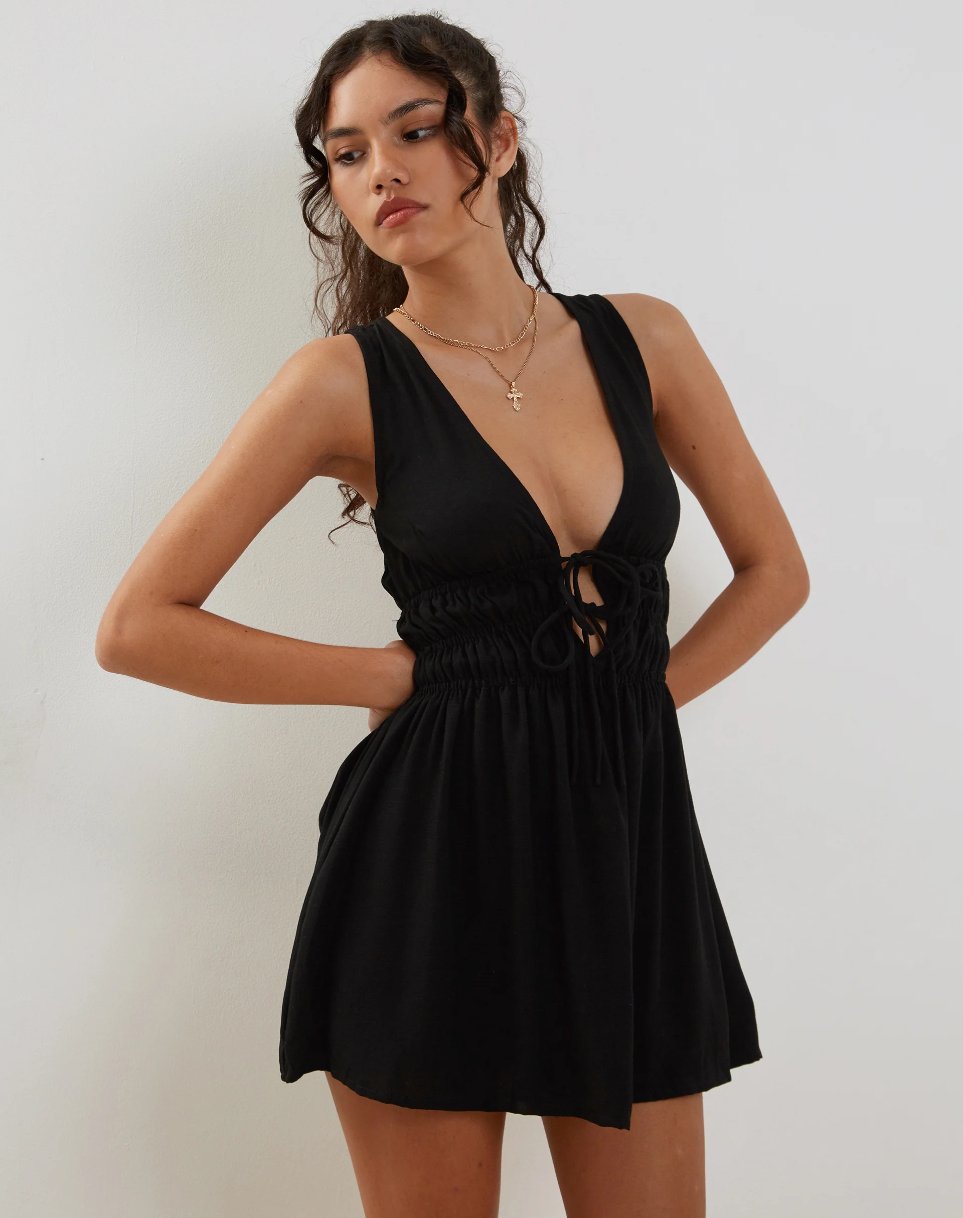 Valhala Front Tie Mini Dress in Black - Image 5