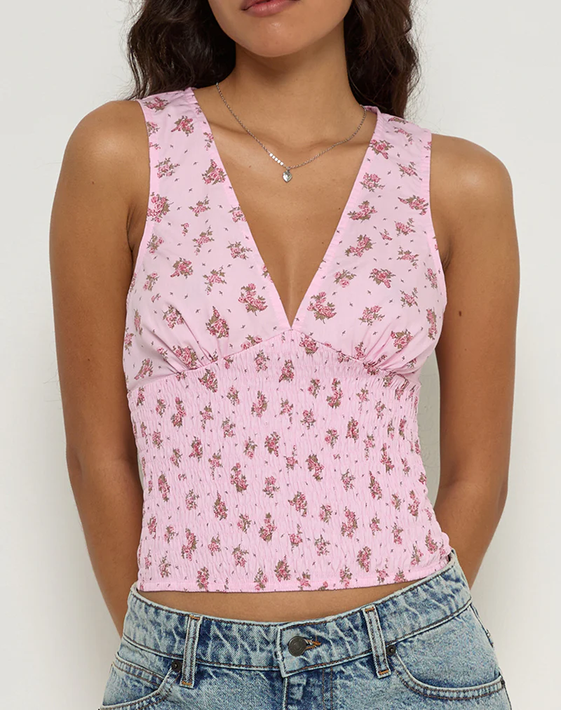 Valisa Plunge Top in Floral Romance Pink - Image 2