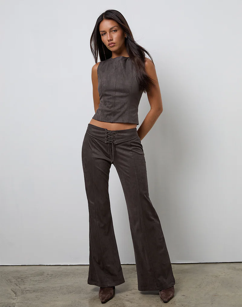 Vallen Trousers in Dark Faux Suede Chestnut - Image 2