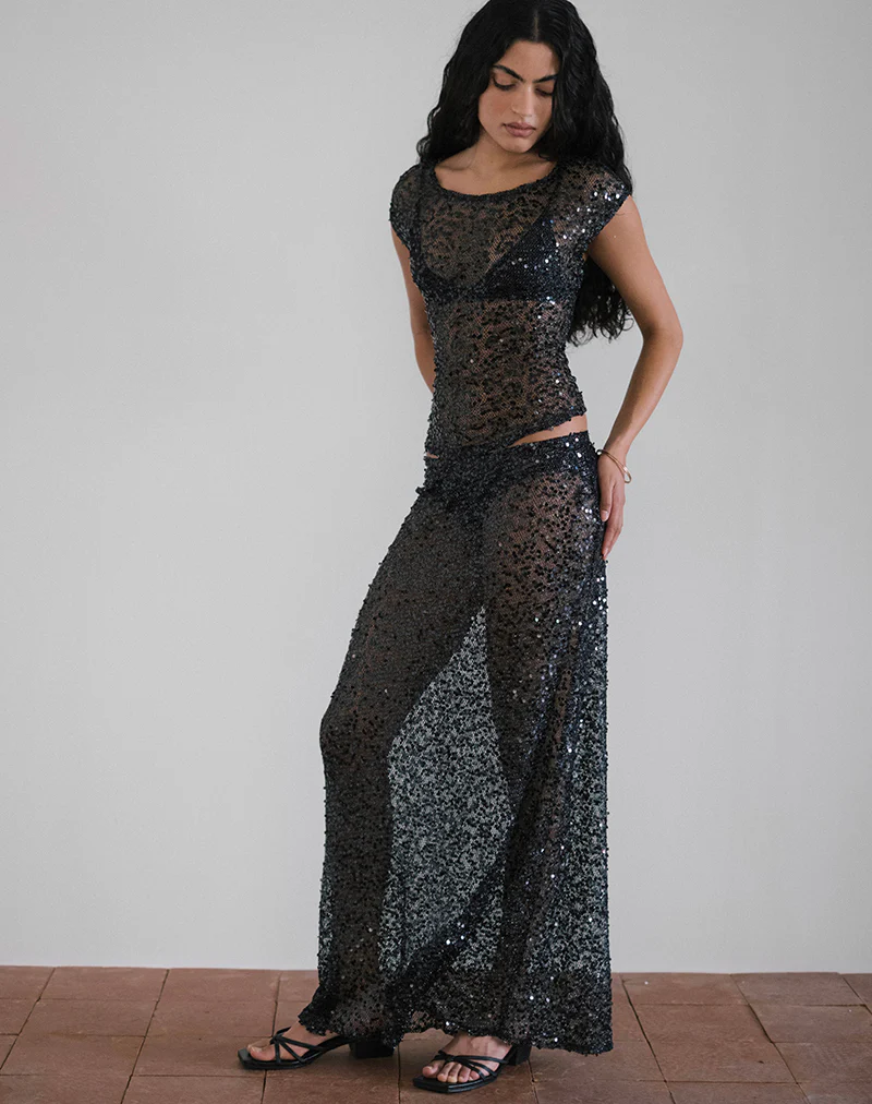 Vanessa Maxi Skirt in Sequin Mesh Black - Image 4