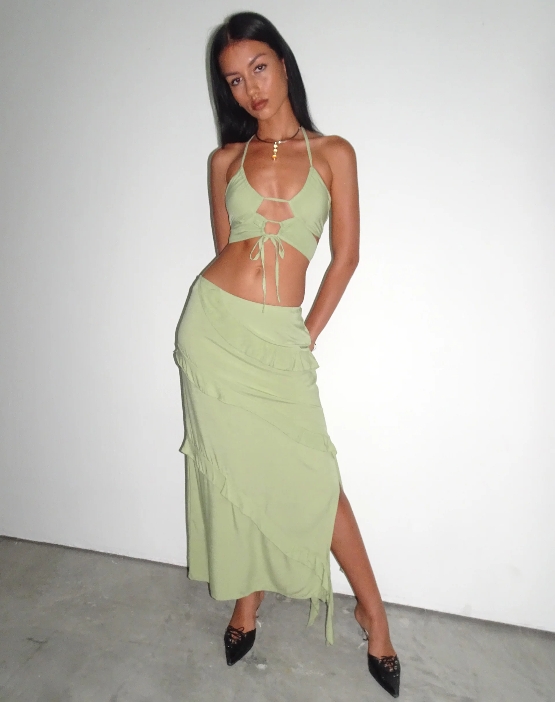 Varena Low Rise Ruffle Maxi Skirt in Mint Sage - Image 2