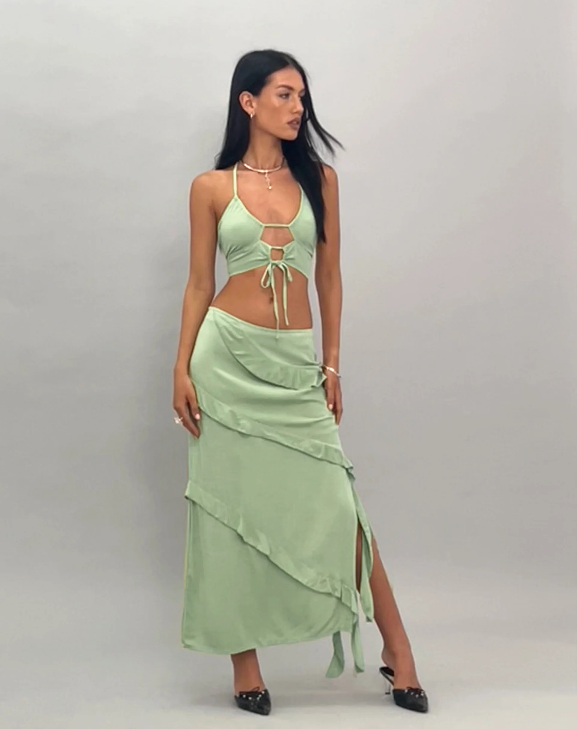 Varena Low Rise Ruffle Maxi Skirt in Mint Sage - Image 6