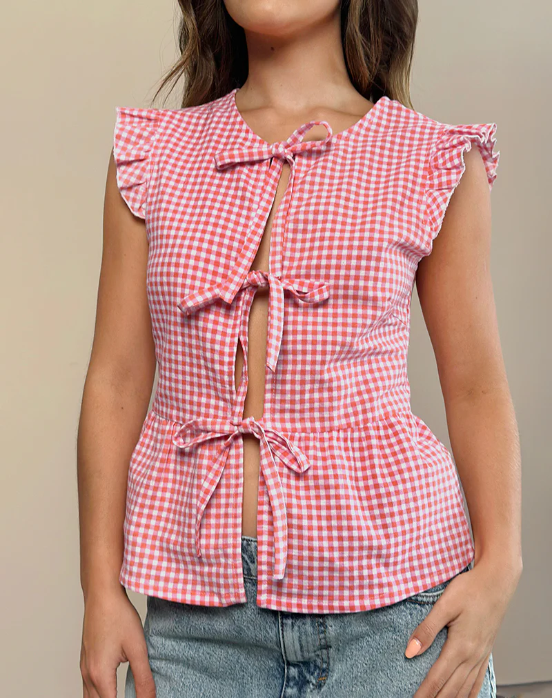 Vataka Tie Front Top In Mini Gingham Peach - Image 2