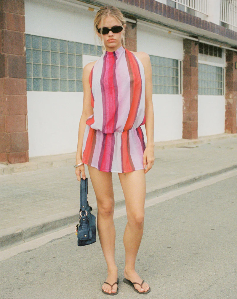 Veloria Halterneck Mini Dress in Pink Sheer Chiffon Painted Stripe - Image 2