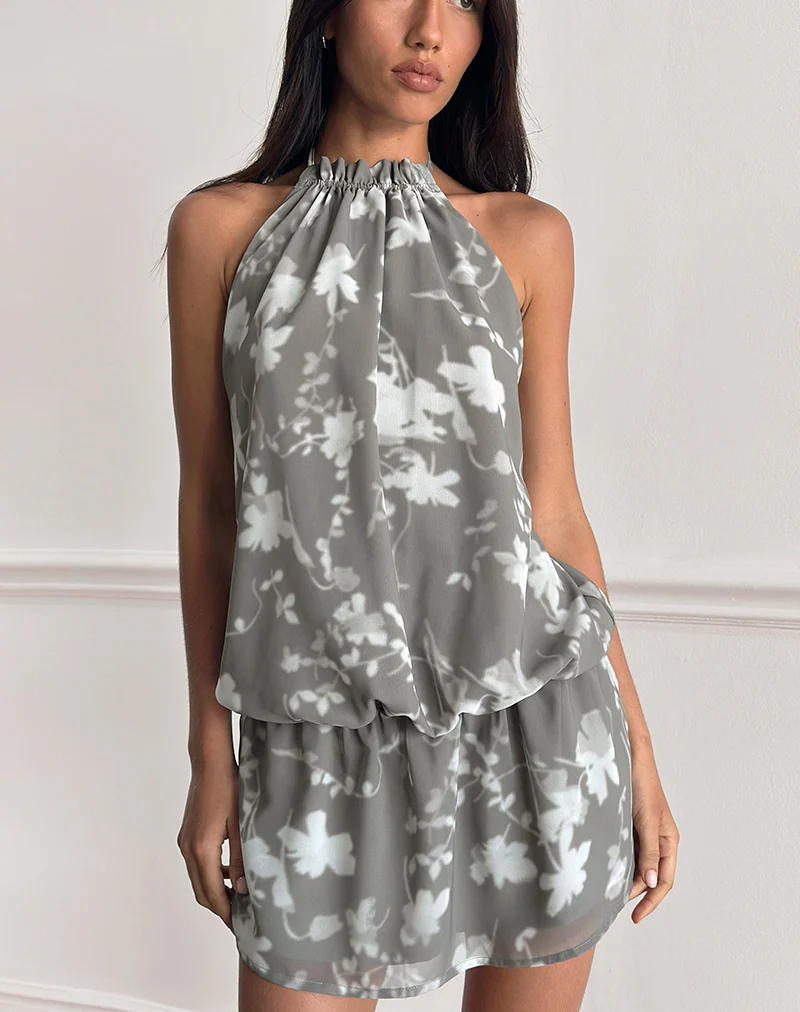 Veloria Halterneck Mini Dress in Blurred Floral Grey - Image 3