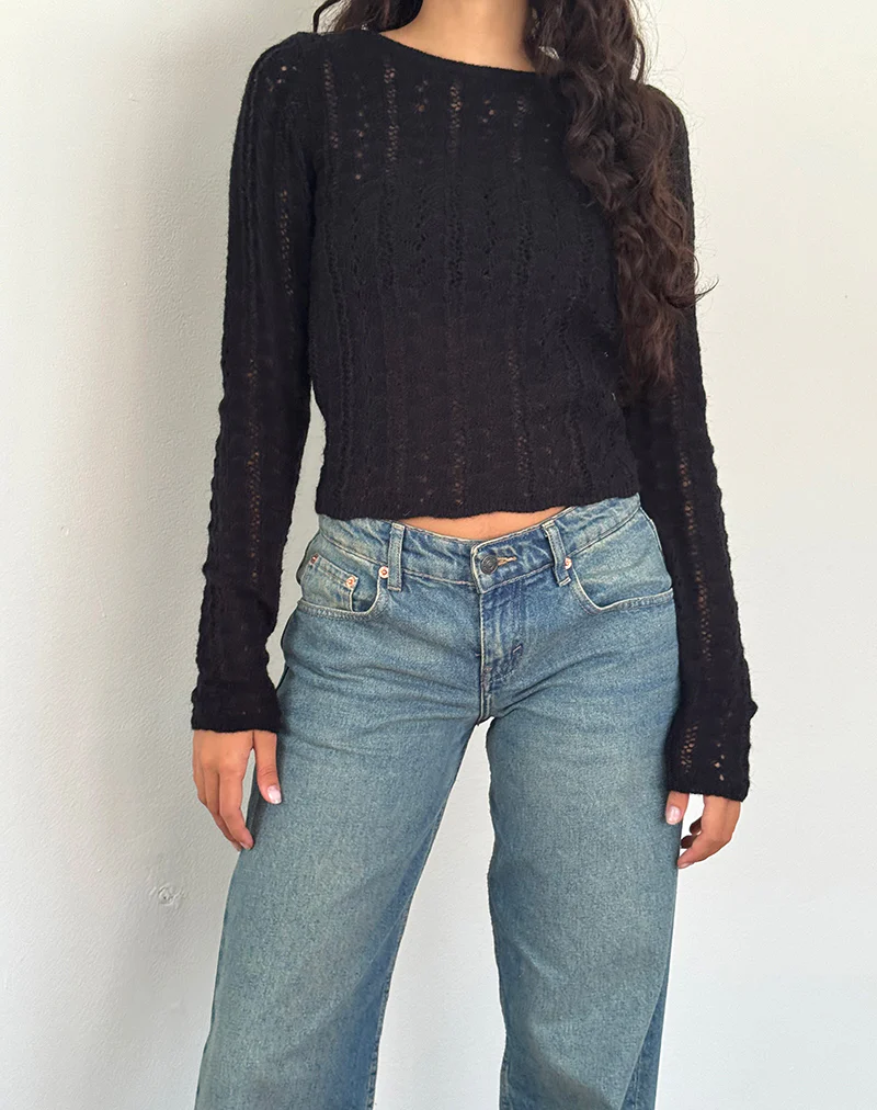 Venia Knitted Long Sleeve Top in Black - Image 2