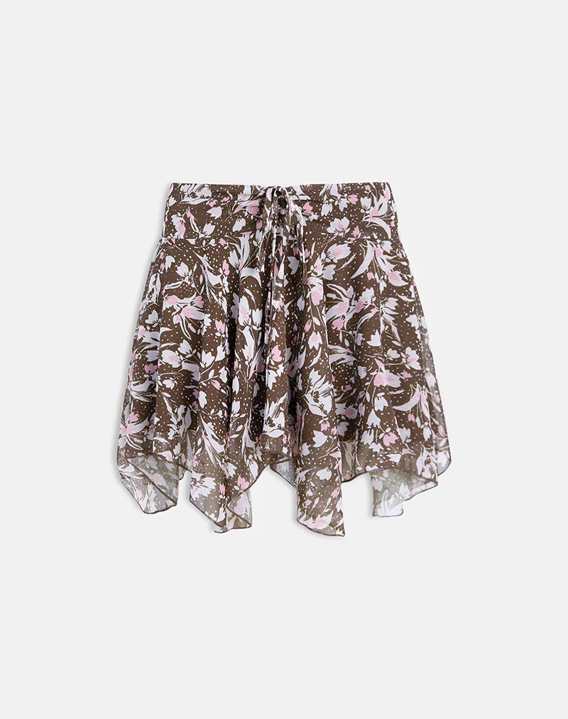 Veny Mini Skirt in Brown and Pink Polka Flower Chiffon - Image 3