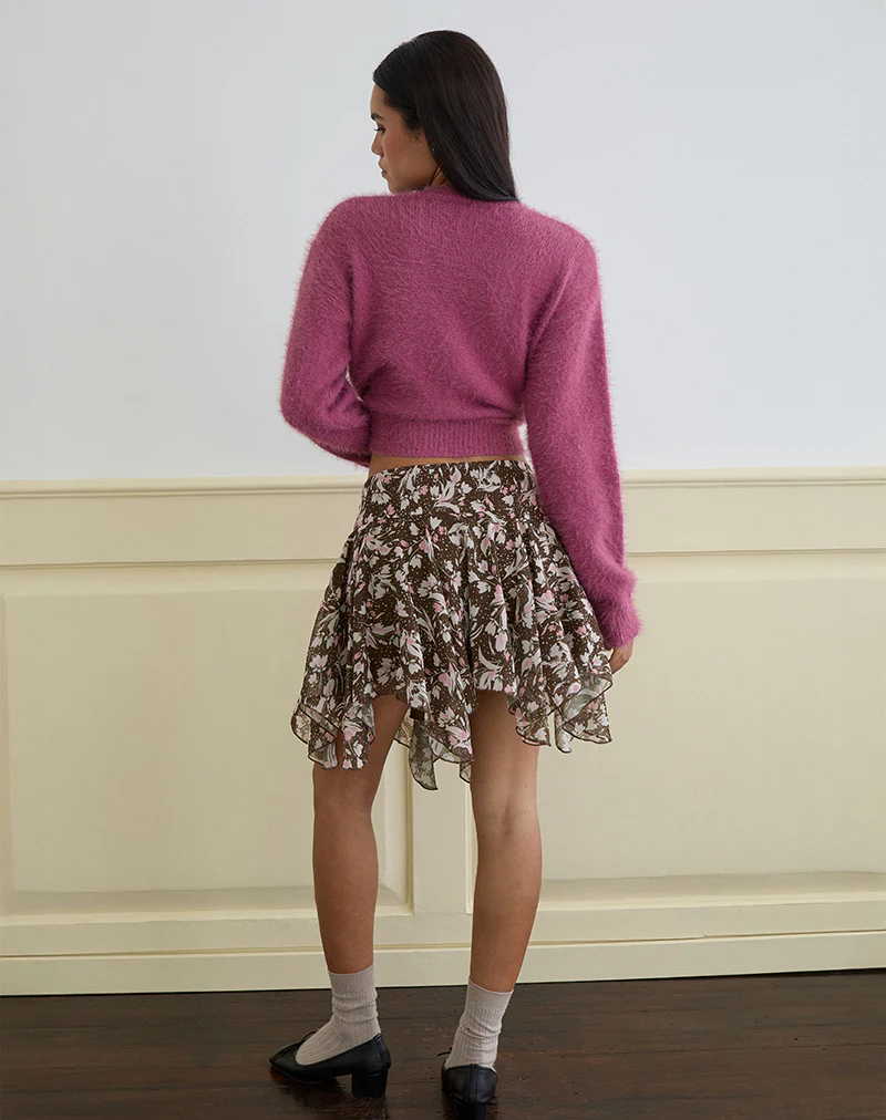 Veny Mini Skirt in Brown and Pink Polka Flower Chiffon - Image 6