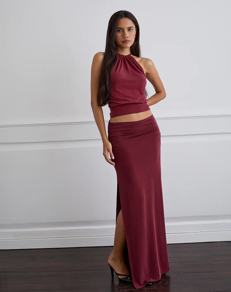 Venya Maxi Skirt in Cupro Burgundy - Image 2