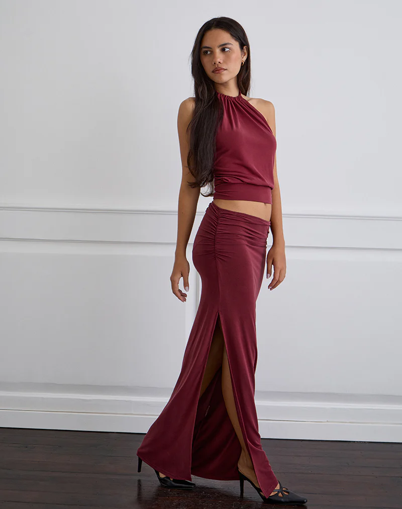 Venya Maxi Skirt in Cupro Burgundy - Image 4