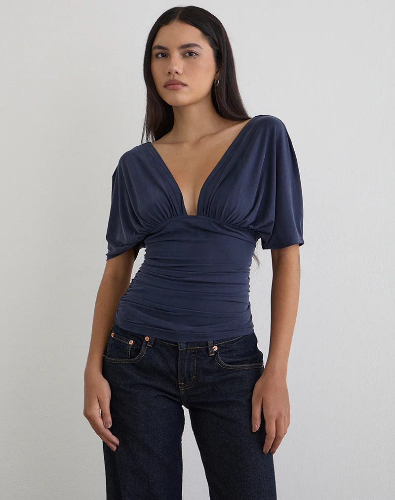 Vernia Plunge Batwing Top in Cupro Navy - Image 2