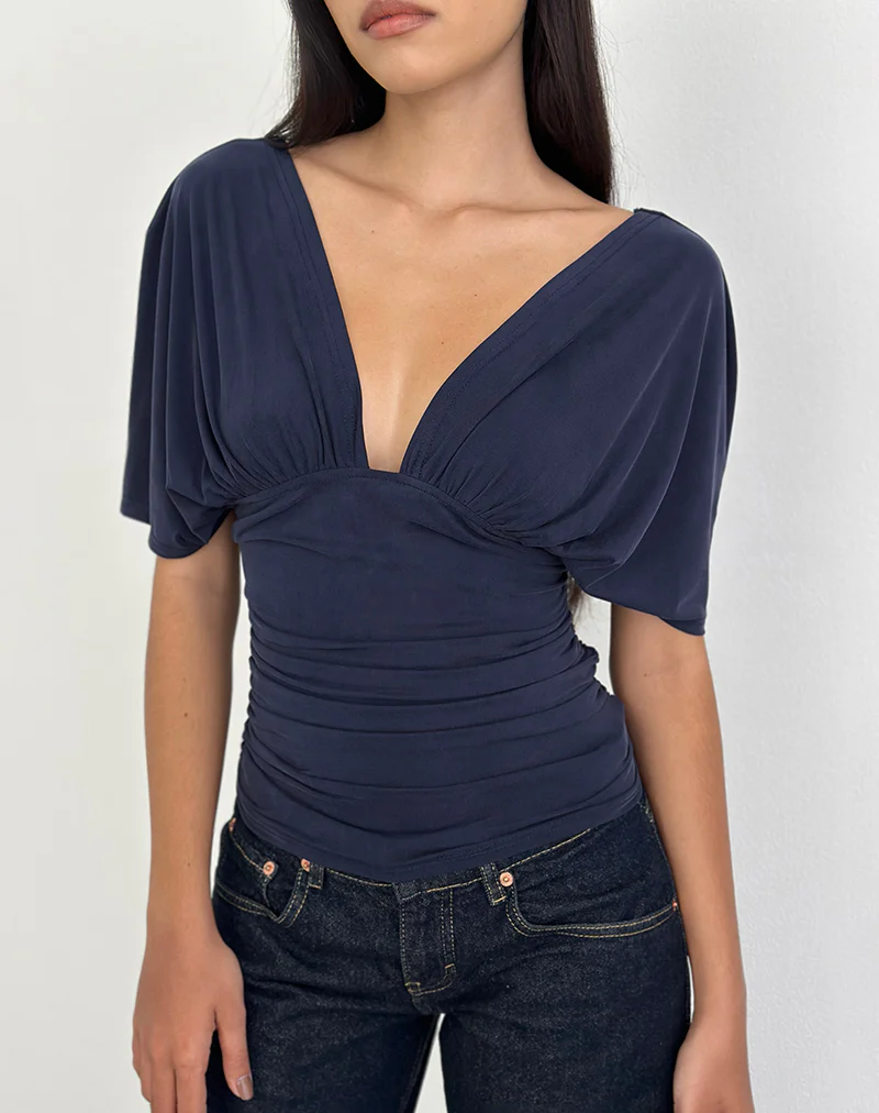 Vernia Plunge Batwing Top in Cupro Navy - Image 3